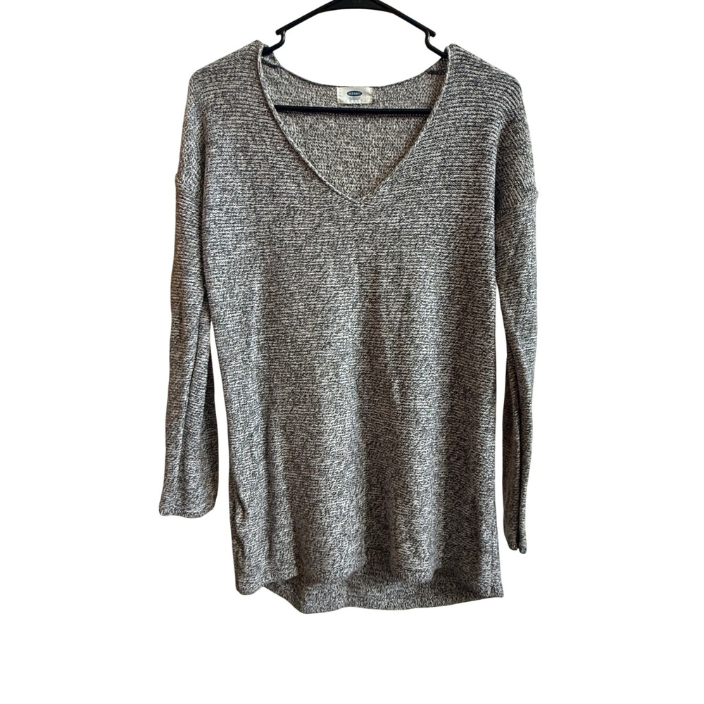 Women's Old Navy Marled V-Neck Tunic Sweater Black Jack Grey White Small Preppy